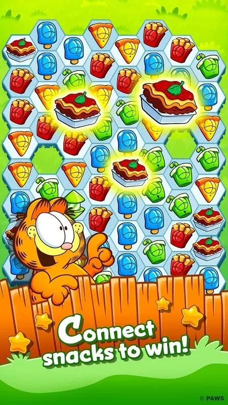 Screenshot showcasing the unlimited money and lives feature within the Garfield Snack Time MOD APK.
