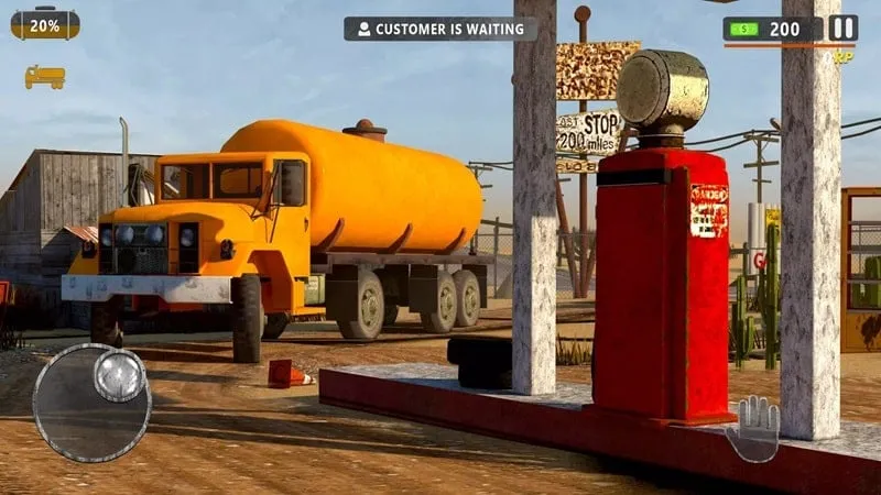 Screenshot gameplay Gas Station Junkyard Simulator dengan mod uang tak terbatas yang menunjukkan pom bensin yang telah diupgrade.