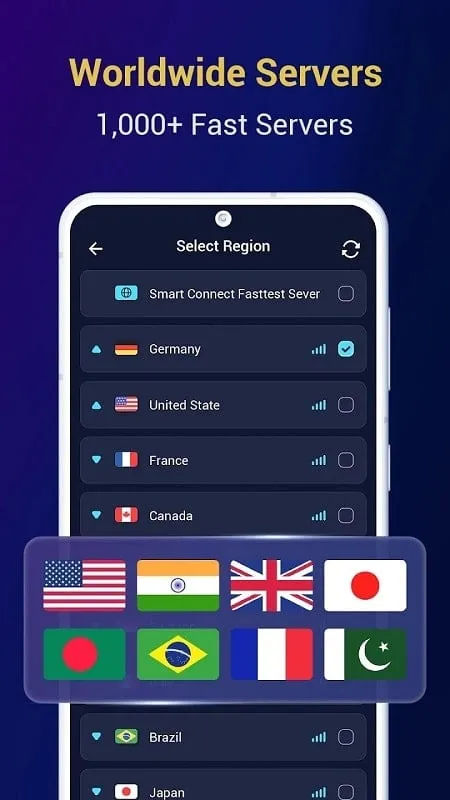 Tampilan antarmuka Global VPN mod dengan fitur premium