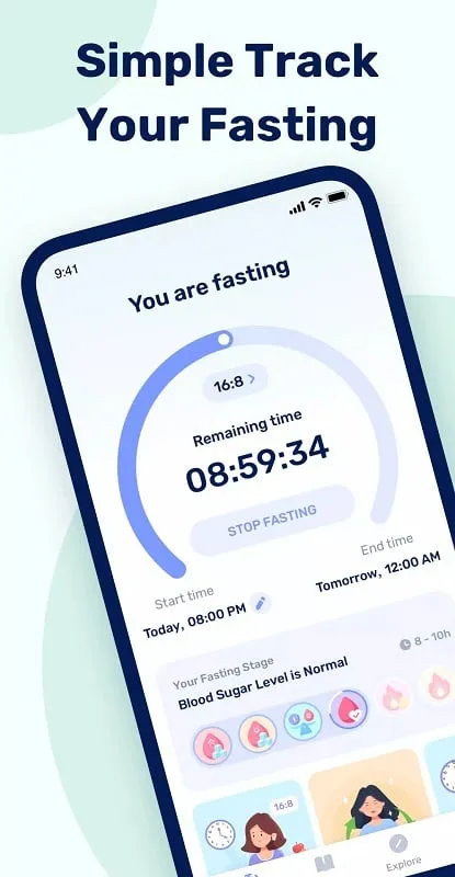 Interface do GoFasting Intermittent Fasting Mod mostrando recursos premium