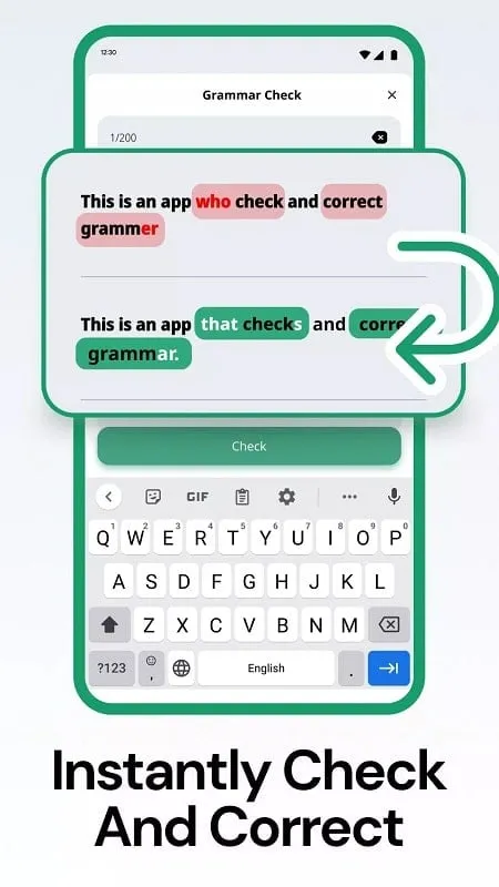 Grammar Check app analyzing text for errors