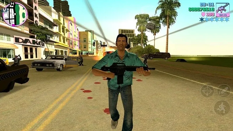 Tela do jogo GTA Vice City com dinheiro e munição infinita.