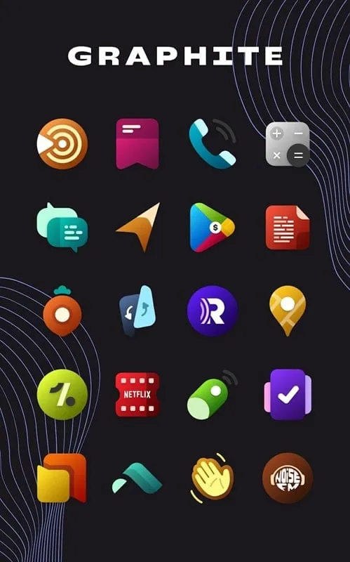 Graphite Icon Pack hiển thị nhiều icon và hình nền tối giản