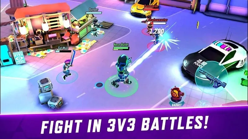 Tangkapan layar Gridpunk Battle Royale 3v3 PvP yang menampilkan menu mod dengan berbagai opsi, seperti uang tak terbatas dan pengganda damage.