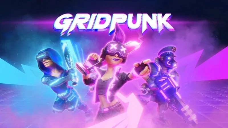 Tangkapan layar gameplay Gridpunk Battle Royale 3v3 PvP yang menampilkan antarmuka dalam game dan lingkungan futuristik.