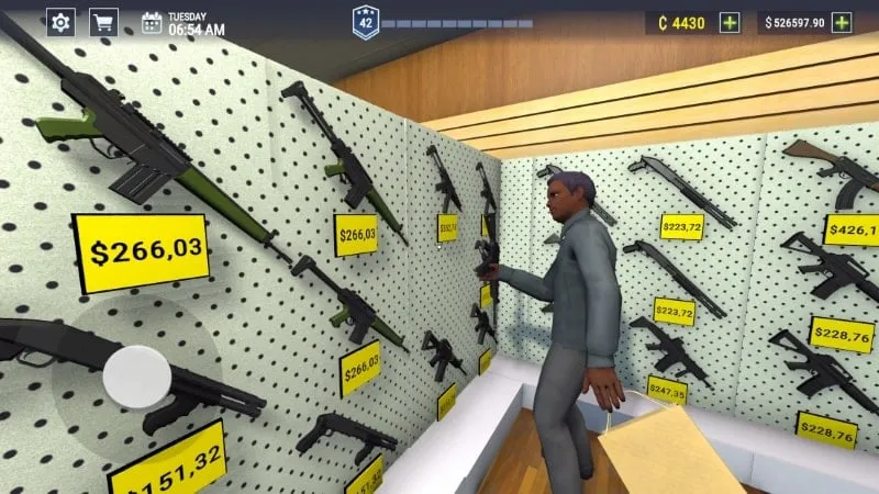 A close-up screenshot of the Gun Shop Simulator game highlighting weapon details and pricing.