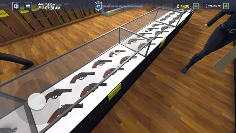 A screenshot of the Gun Shop Simulator game displaying various weapons and a customer.