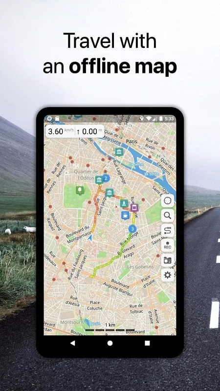 Giao diện Guru Maps Pro mod hiển thị các tính năng premium