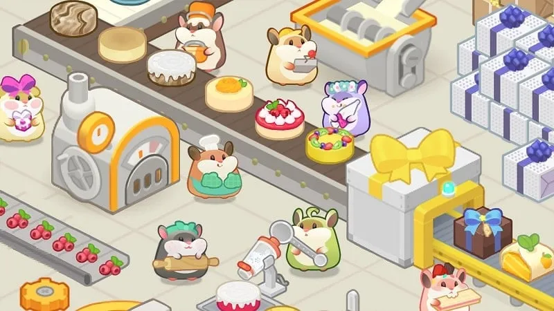 Captura de tela de um hamster operando máquinas no Hamster Cake Factory.