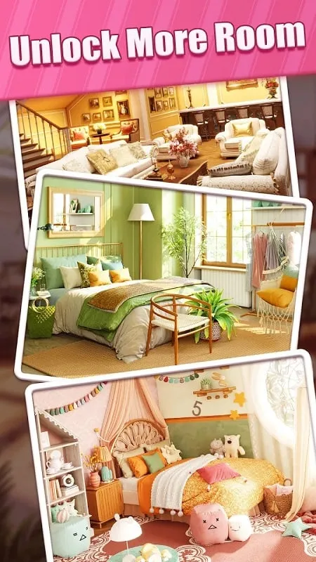 Happy Merge Home gameplay screenshot displaying a variety of furniture options.