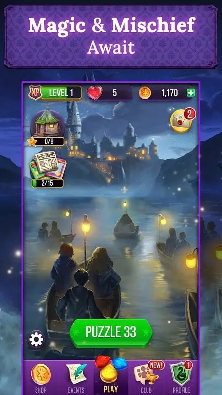 Navigating the main menu in Harry Potter: Puzzles & Spells.