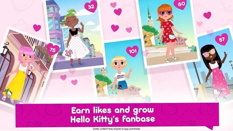 Ảnh chụp màn hình trong game hiển thị nhiều loại quần áo và phụ kiện có sẵn trong Hello Kitty Fashion Star mod.