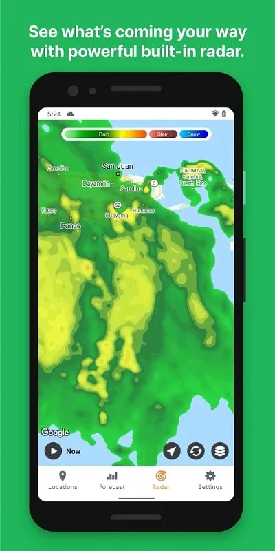 Tampilan antarmuka Hello Weather mod dengan fitur premium