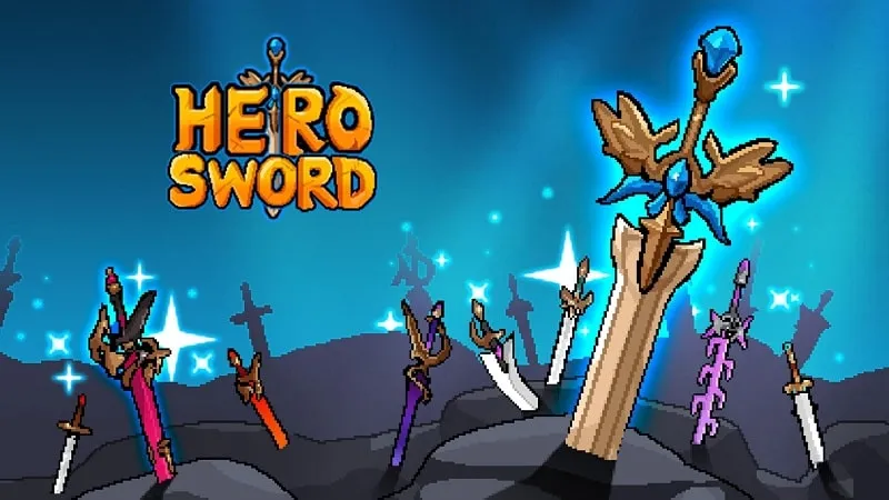 Personagem principal do Hero Sword empunhando uma espada brilhante contra um fundo escuro.