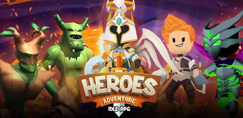 Tampilan utama Heroes Adventure Idle RPG menampilkan pilihan hero dan gameplay.