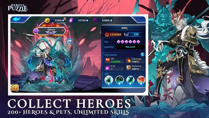 Screenshot of the game Heroes & Puzzles showing the main gameplay screen.