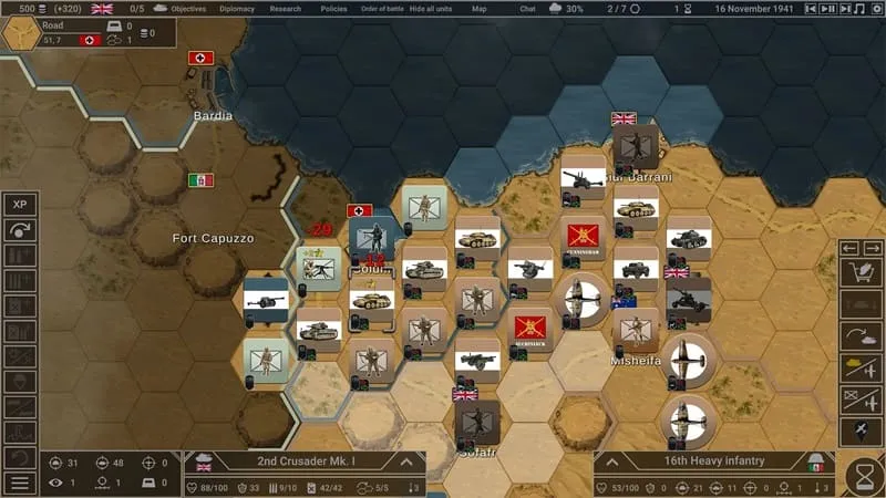 Screenshot of Hex of Steel gameplay displaying different terrains and unit positions.