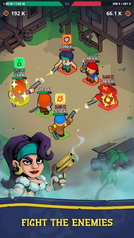 Tela do jogo Idle Pirates mostrando a ilha e vários prédios.