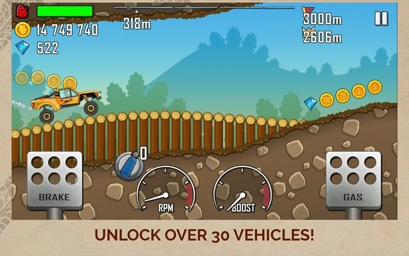 Tela de upgrade de veículos no Hill Climb Racing com dinheiro infinito.