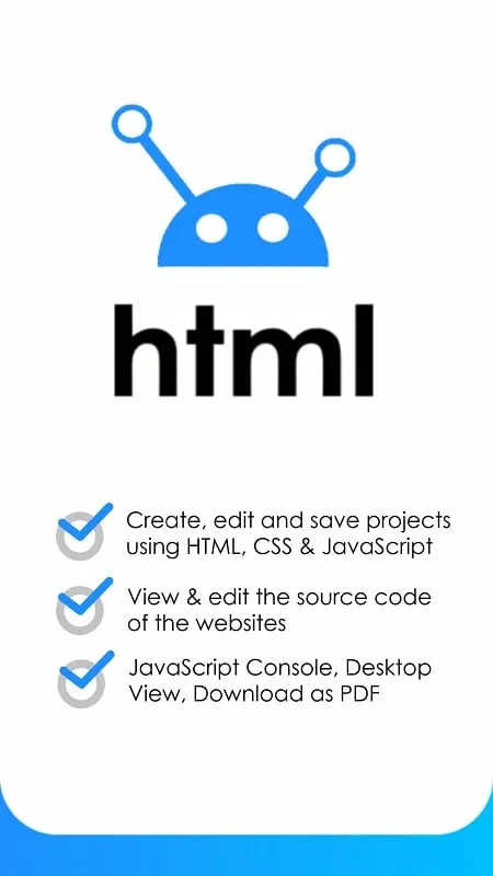 Interface do HTML Editor MOD APK com recursos premium