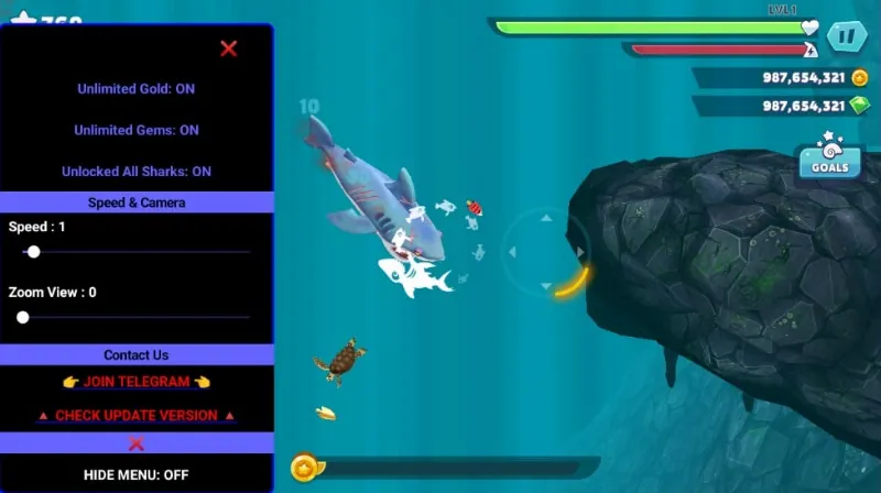 Hướng dẫn sử dụng menu mod Hungry Shark Evolution.