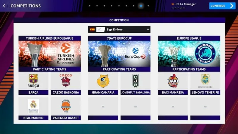 Screenshot of iBasketball Manager 23 showcasing the different tournament options available.