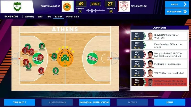 In-game screenshot of iBasketball Manager 23 showing player stats.