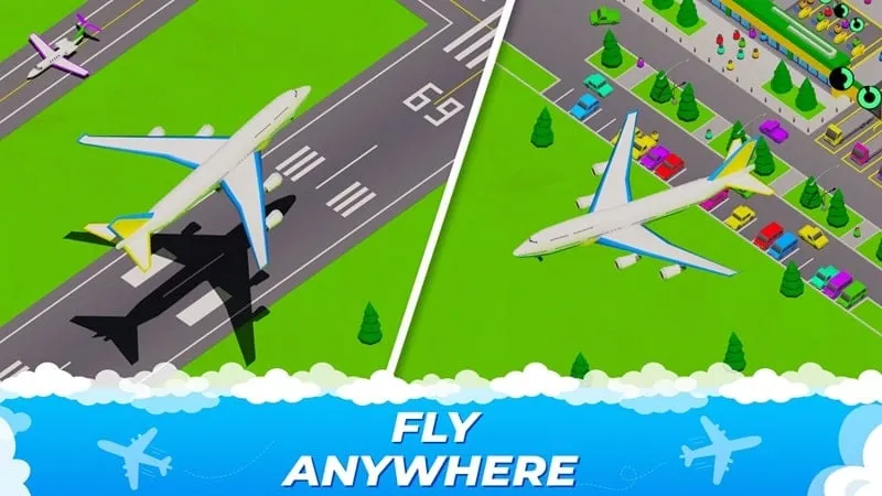 Tangkapan layar yang menampilkan antarmuka manajemen bandara di Idle Airplane Factory Tycoon, dengan opsi untuk memperluas rute dan layanan.