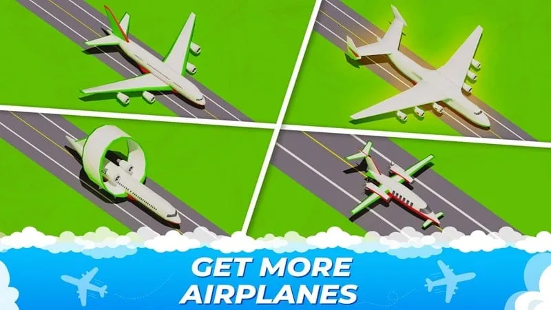 Tangkapan layar gameplay Idle Airplane Factory Tycoon, menampilkan lantai pabrik dan perakitan pesawat.