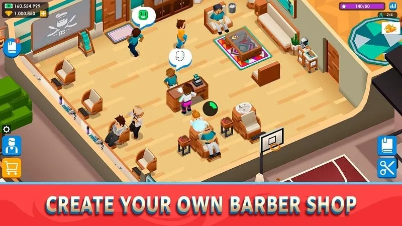 Tangkapan layar yang menampilkan menu toko dalam game di Idle Barber Shop Tycoon dengan berbagai opsi peningkatan yang tersedia untuk dibeli.