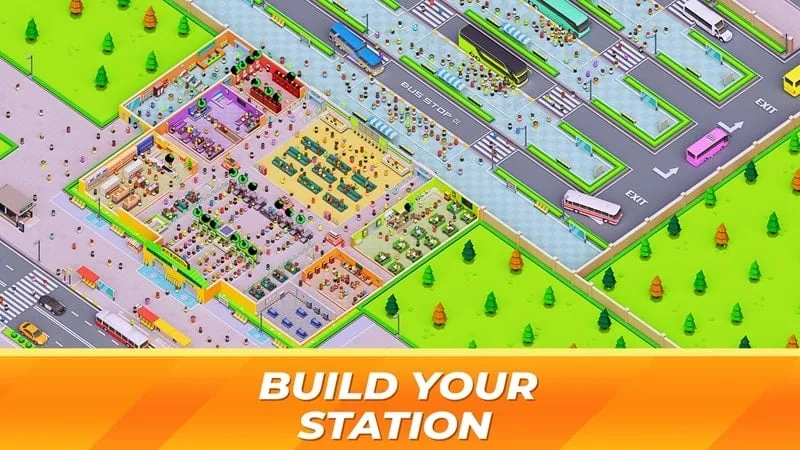 Ảnh chụp màn hình gameplay của Idle Bus Station, hiển thị giao diện quản lý bến xe.