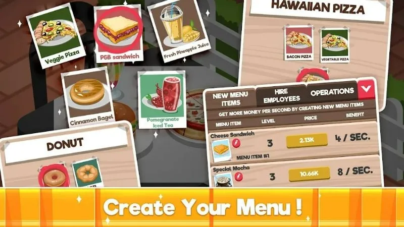 Idle Cafe Tycoon gameplay screenshot showcasing the store expansion feature with different building styles.