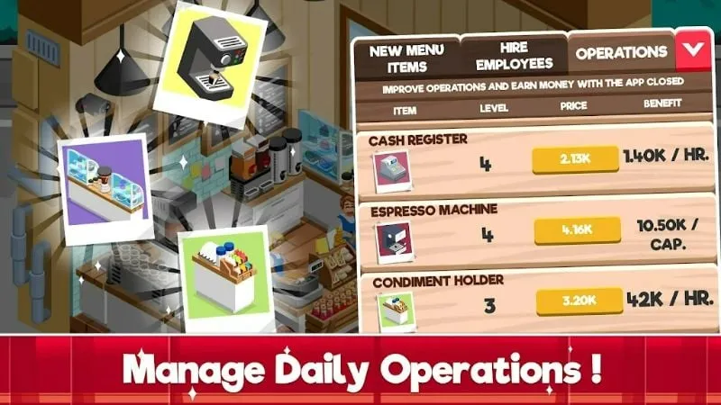 In-game screenshot of Idle Cafe Tycoon showcasing the equipment purchasing interface.