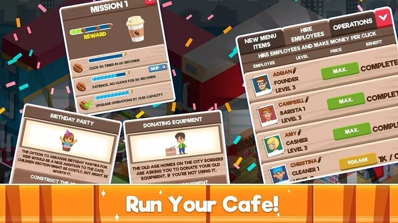 Captura de pantalla del juego Idle Coffee Shop Tycoon mostrando la moneda del juego y la interfaz de la tienda.