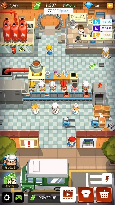 Gameplay Idle Cooking Tycoon yang menampilkan suasana toko roti yang ramai dengan staf dan pelanggan yang aktif.