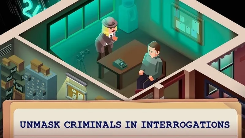 Screenshot gameplay Idle Crime Detective Tycoon yang menunjukkan berbagai departemen.