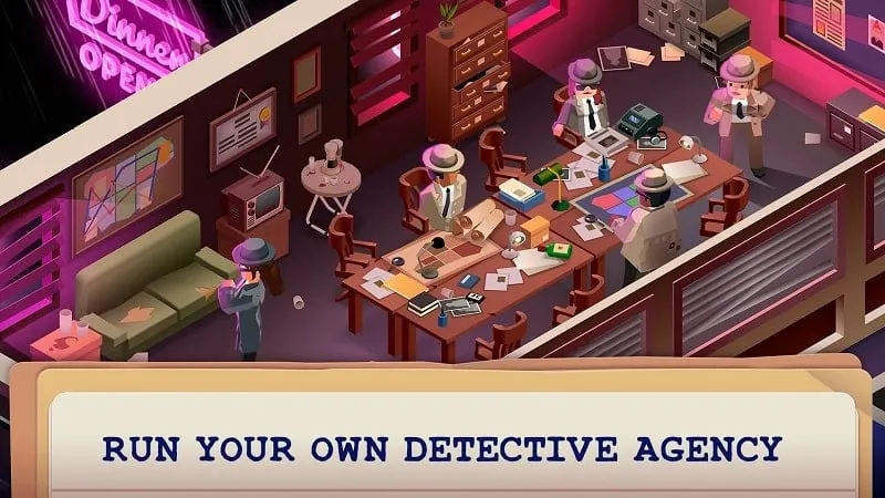 Screenshot HP dengan tampilan game Idle Crime Detective Tycoon.