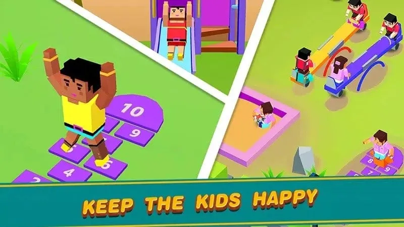 Captura de pantalla que muestra dinero y recursos ilimitados en Idle Daycare Tycoon MOD APK.