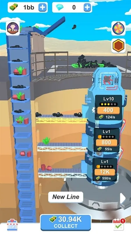 Screenshot showcasing unlimited money feature in the Idle Dig Factory MOD APK.