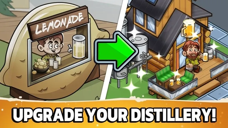 Hình ảnh gameplay Idle Distiller Tycoon với các tùy chọn nâng cấp.