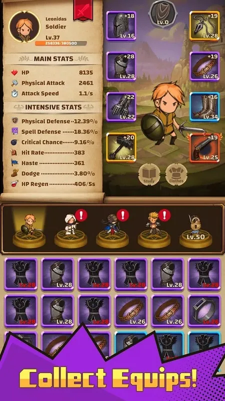 In-game screenshot of Idle Expedition displaying hero upgrades and resource management.