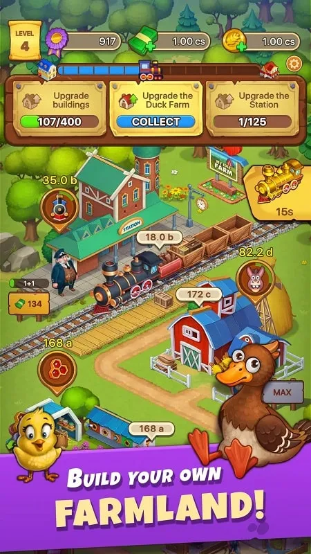 Produzindo mercadorias no Idle Farmer com o MOD APK.