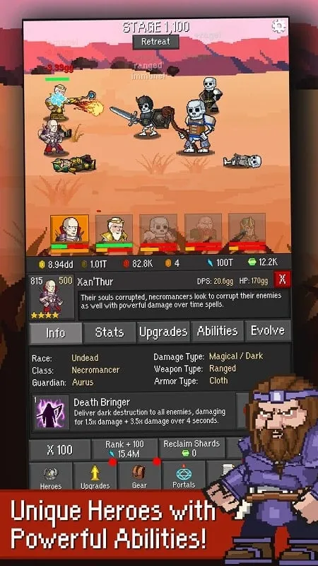 Screenshot of the Idle Guardians game displaying character stats and upgrade options.