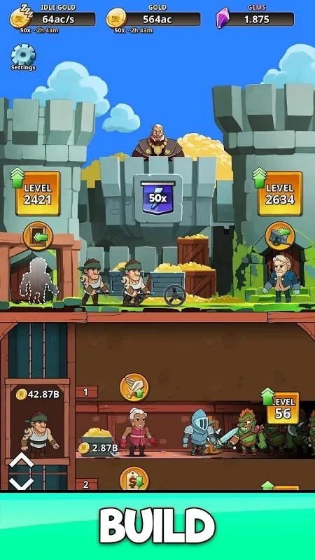 Gameplay Idle King MOD APK dengan sumber daya tak terbatas.