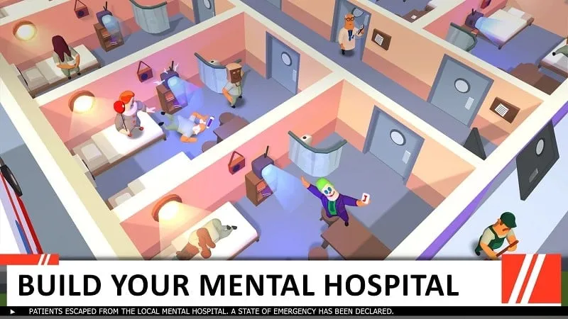 Dinheiro infinito e opções de atualização no Idle Mental Hospital Tycoon MOD APK.