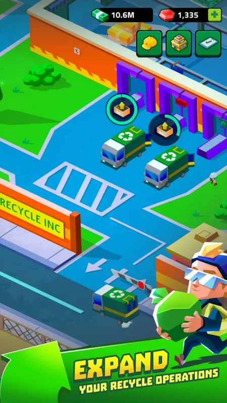 Tangkapan layar antarmuka game Idle Recycle yang menampilkan opsi peningkatan bangunan.