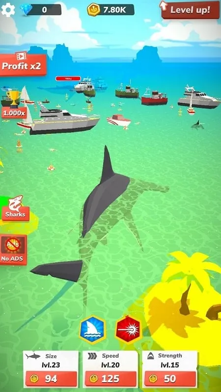 Explorando o oceano no Idle Shark World