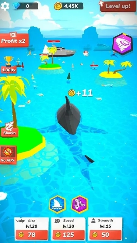 Atualizando as habilidades do tubarão no Idle Shark World