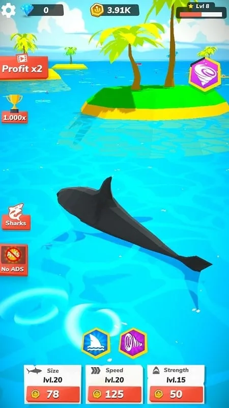 Gameplay do Idle Shark World com Menu MOD