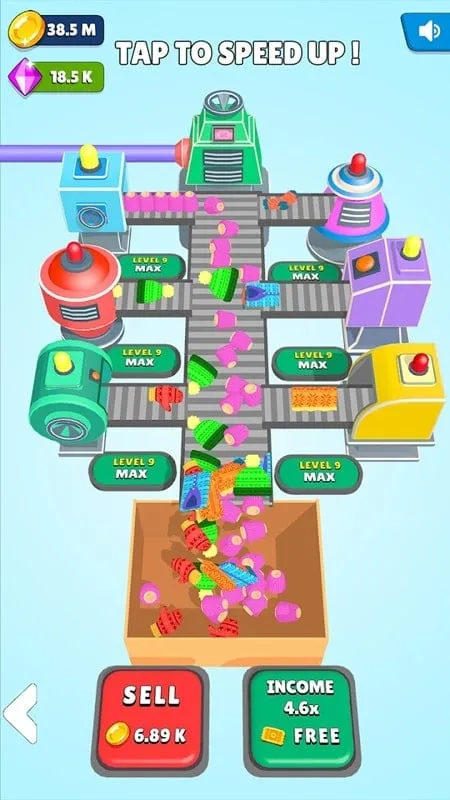 Screenshot of the Idle Sheep Factory game showing the sheep farm and factory buildings.